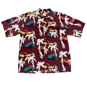 Brian Brothers Hawaiian Shirt‎ XL Burgundy Car Pineapple Palm Tree Aloha